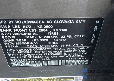 2014 Volkswagen Touareg 3.6L Lux z USA, uszkodzony, nr VIN WVGEF9BP1ED009269
